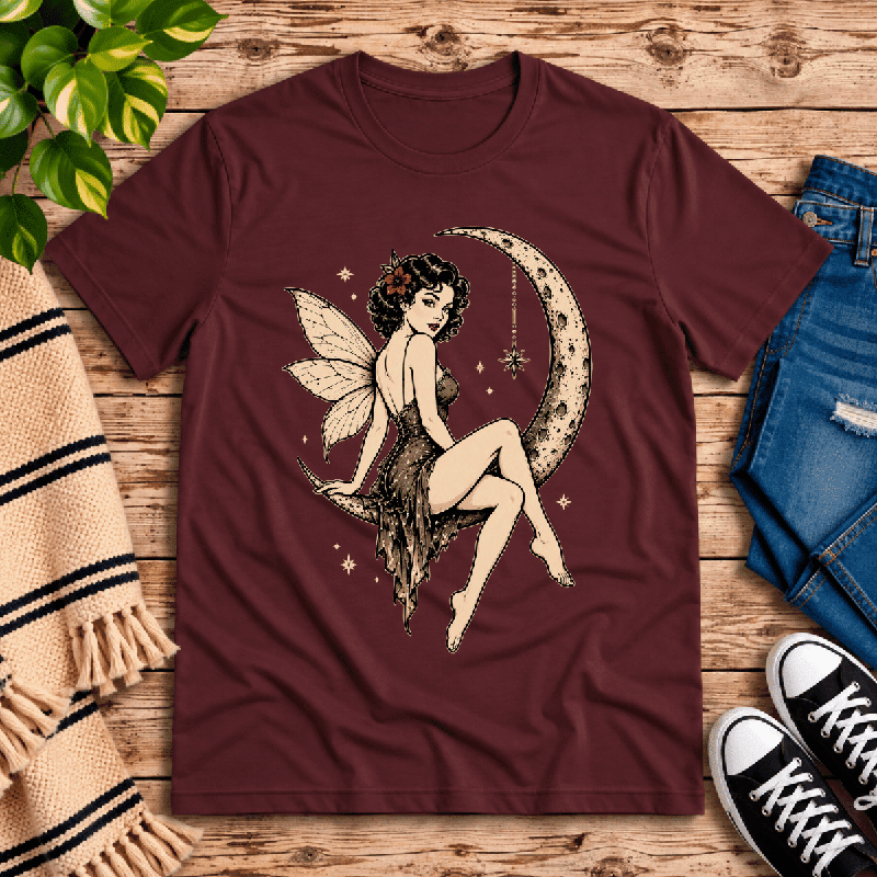 Red Rose Moon Premium T-Shirt in maroon, flat lay