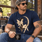 Man sitting outdoors, wearing the Red Rose Moon Premium T-Shirt in navy