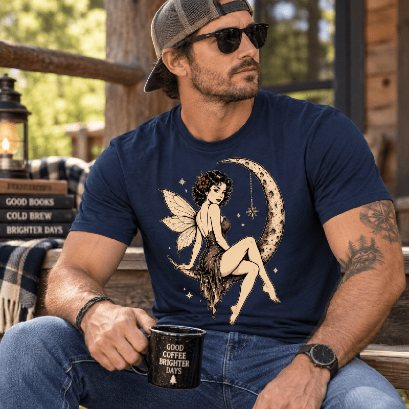 Man sitting outdoors, wearing the Red Rose Moon Premium T-Shirt in navy
