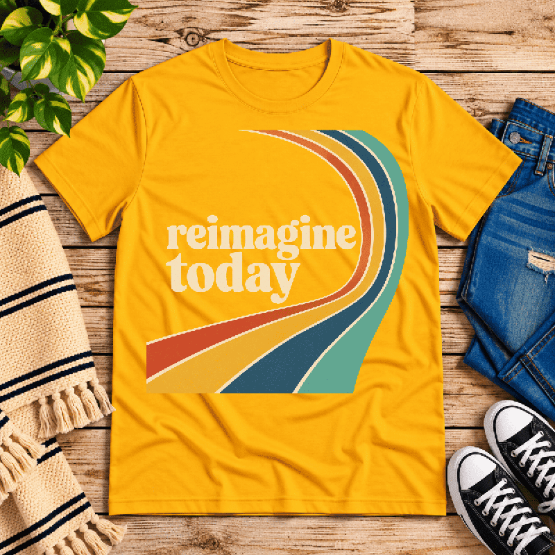 Reimagine Today Premium T-Shirt in gold, flat lay