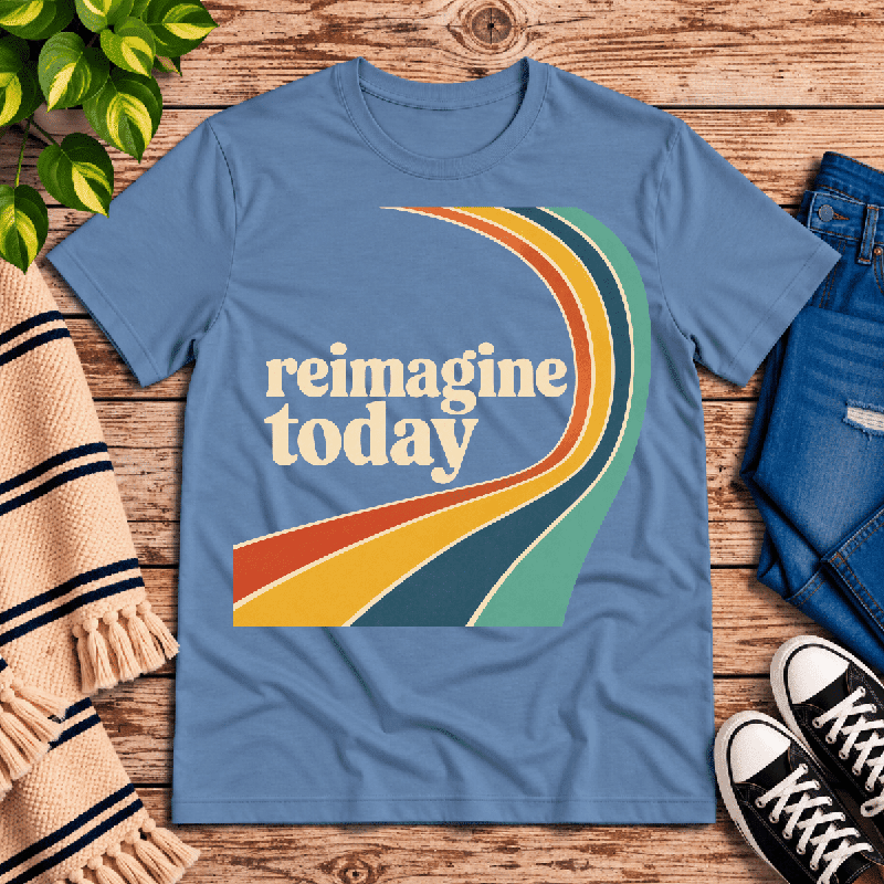 Reimagine Today Premium T-Shirt in steel blue, flat lay