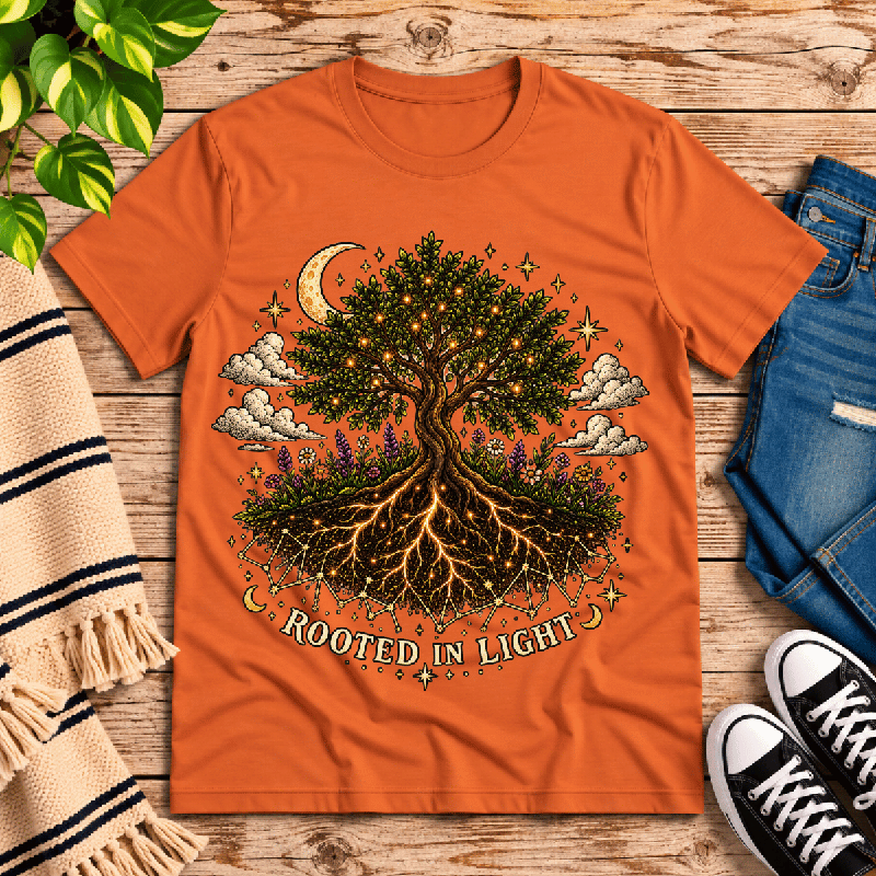Rooted in Light Premium T-Shirt in burnt orange, flat lay