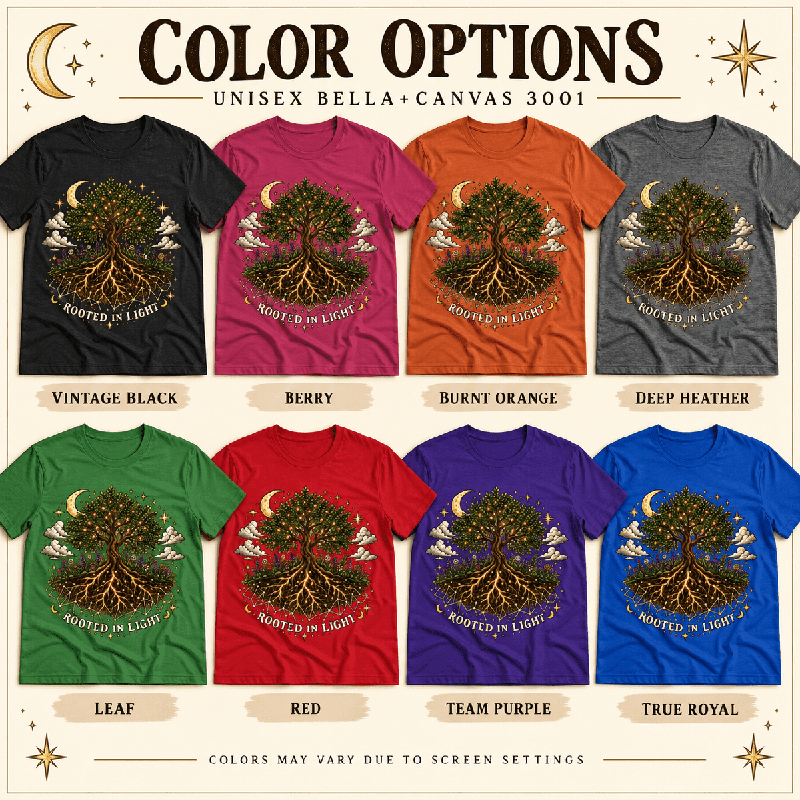 Rooted in Light Premium T-Shirt color chart: Vintage Black, Berry, Burnt Orange, Deep Heather, Leaf, Red, Team Purple, True Royal