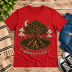 Rooted in Light Premium T-Shirt in red, flat lay with tree-of-light roots and crescent moon graphic