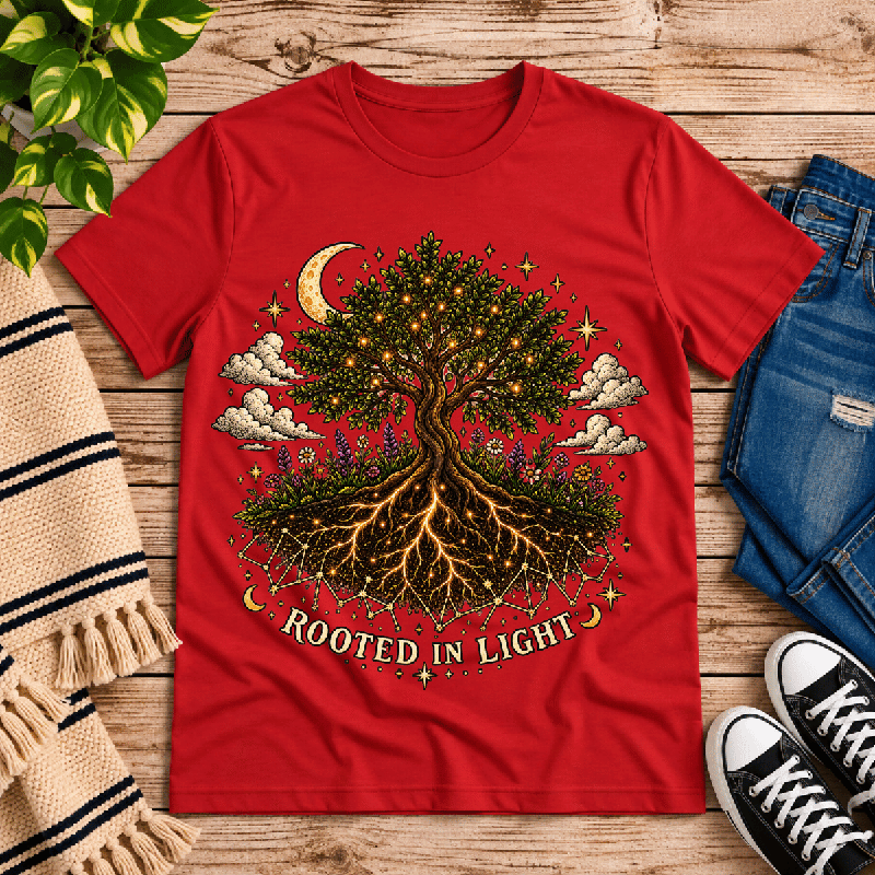 Rooted in Light Premium T-Shirt in red, flat lay with tree-of-light roots and crescent moon graphic