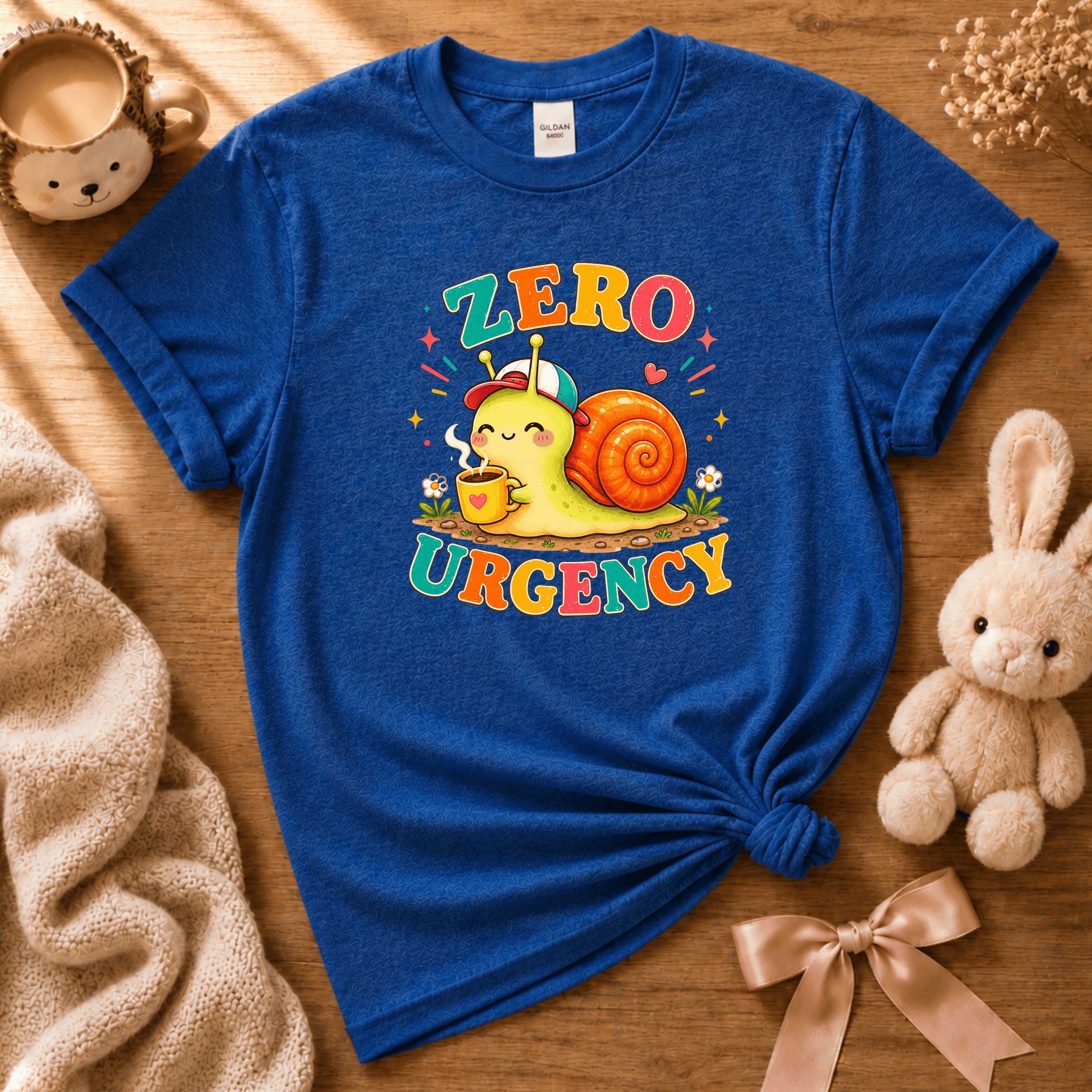 Zero Urgency cute animal graphic t-shirt cozy flat lay in royal blue.
