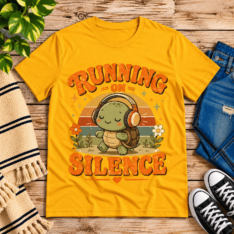 Running On Silence Premium T-Shirt in gold, flat lay