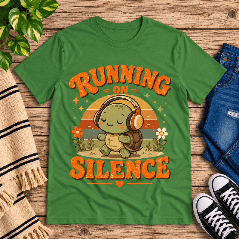 Running On Silence Premium T-Shirt in leaf green, flat lay