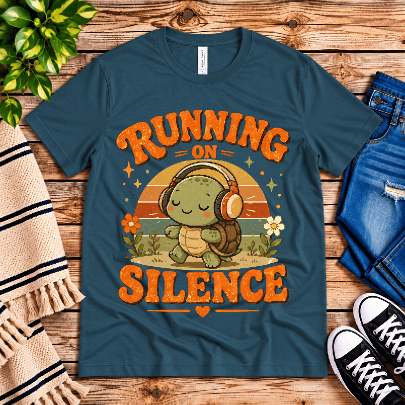 Running On Silence Premium T-Shirt in deep teal, flat lay