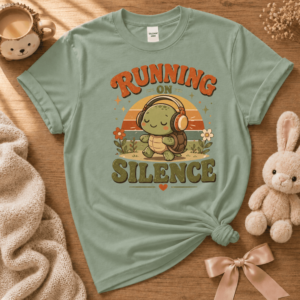 Running On Silence cute animal graphic t-shirt displayed in a cozy flat lay in sage.