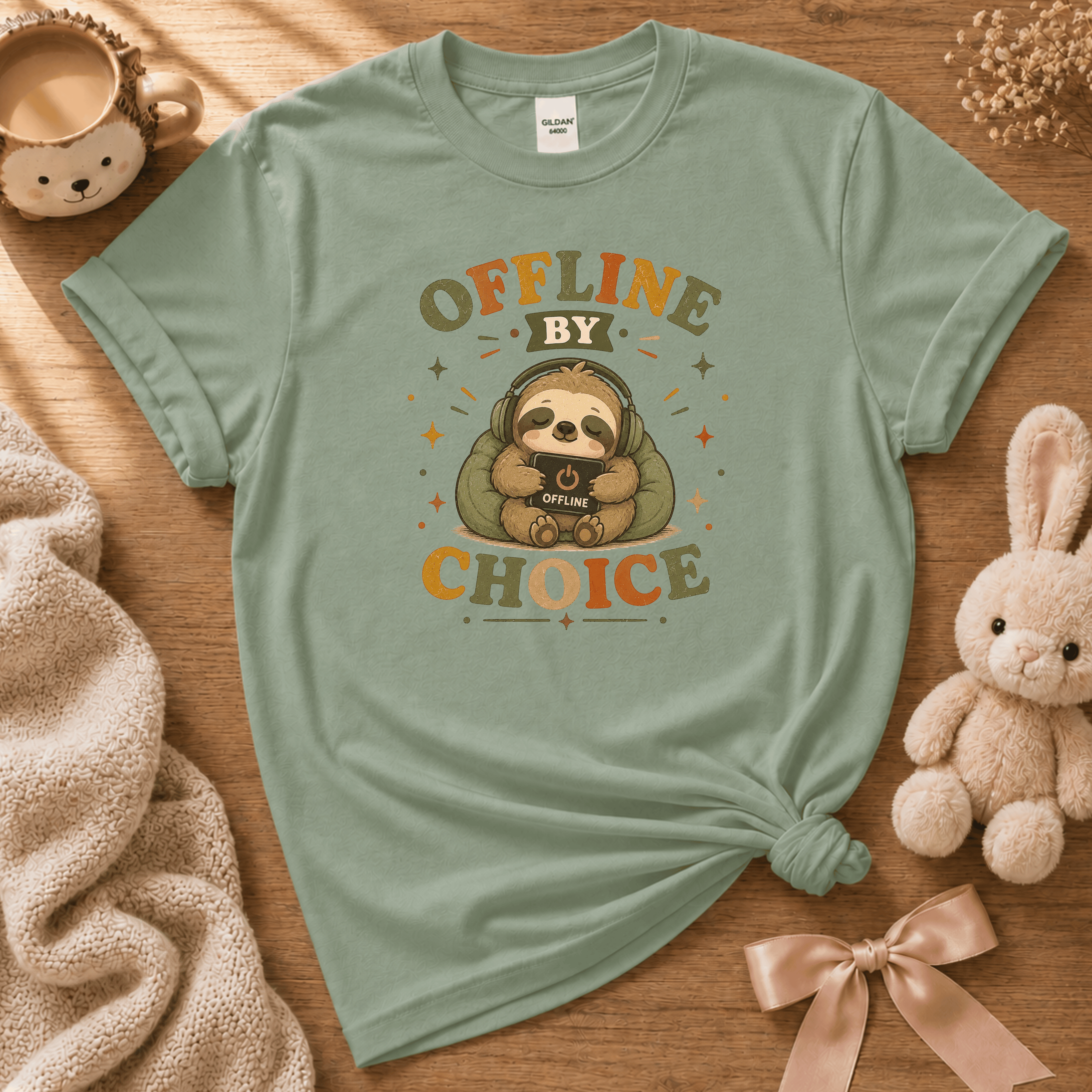 Offline By Choice cute animal graphic t-shirt cozy flat lay in sage.