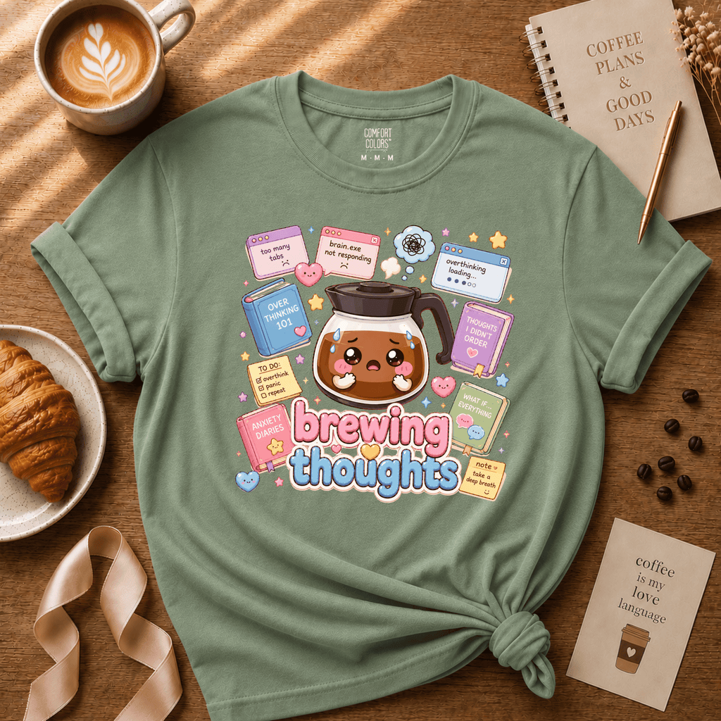 Brewing Thoughts coffee lover graphic t-shirt cozy flat lay in sage.