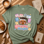 Brewing Thoughts coffee lover graphic t-shirt cozy flat lay in sage.