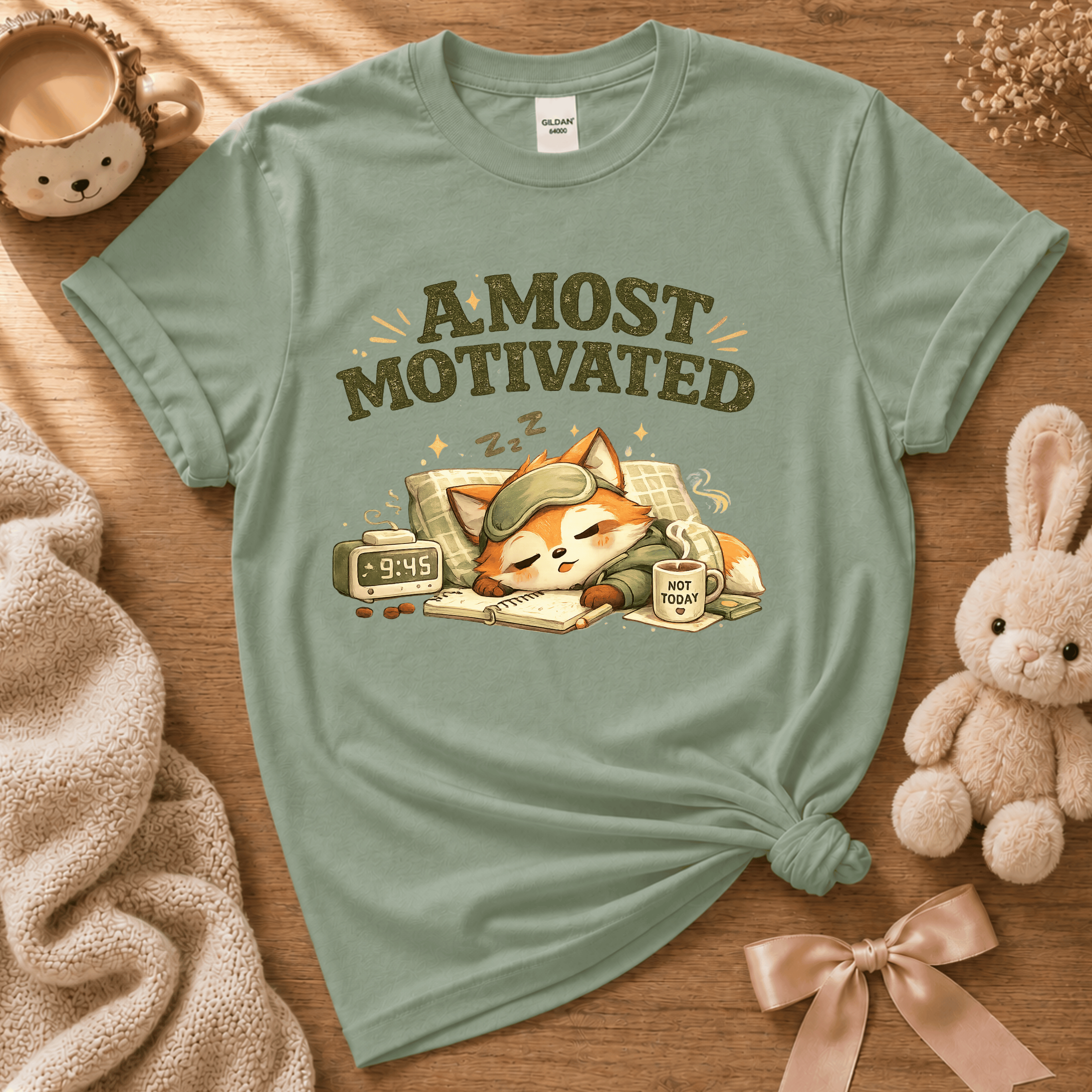 Almost Motivated cute animal graphic t-shirt displayed in a cozy flat lay in sage.