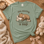 This Meeting cute animal graphic t-shirt cozy flat lay in sage.