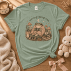 Saving Progress introvert graphic t-shirt cozy flat lay in sage.