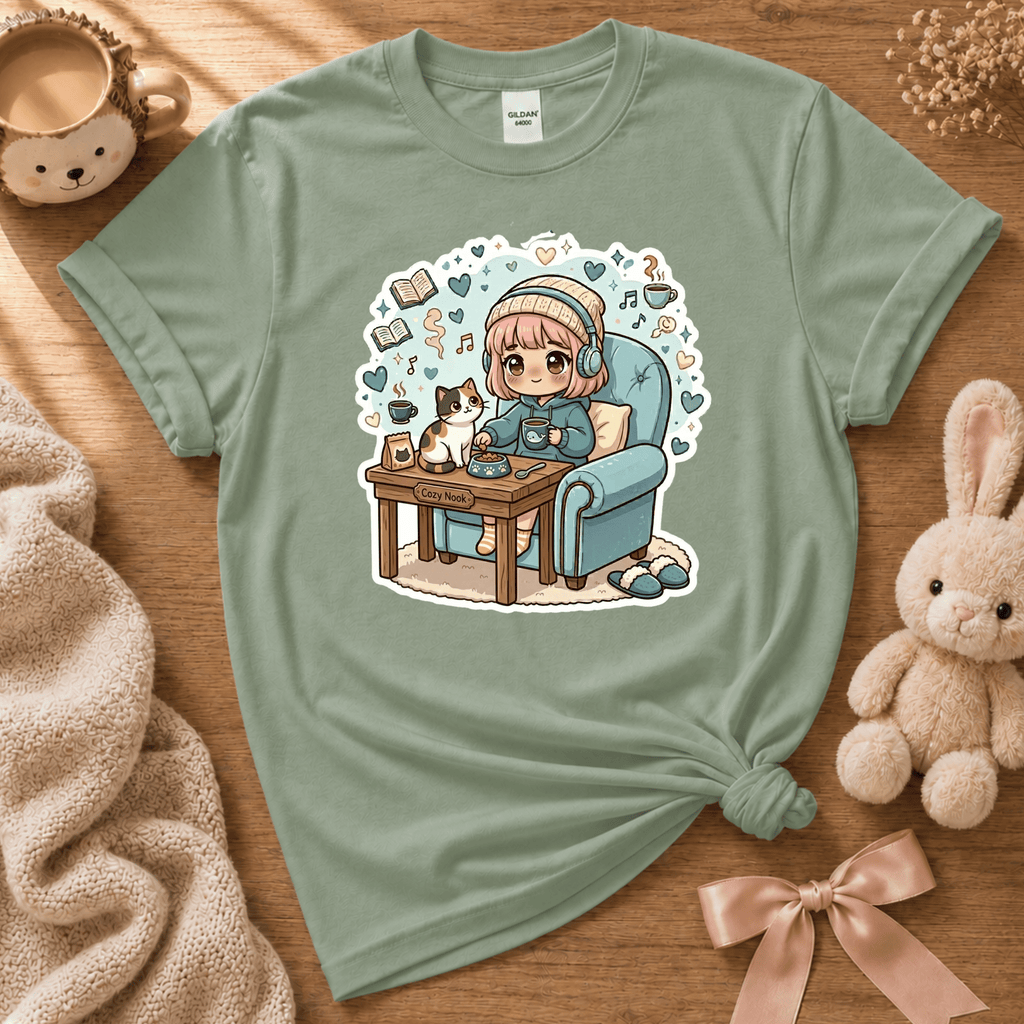 Cat Cozy Nook introvert graphic t-shirt cozy flat lay in sage.