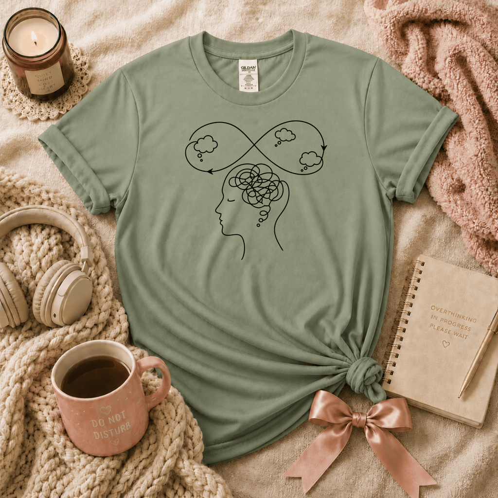 So Many Thoughts introvert graphic t-shirt cozy flat lay in sage.