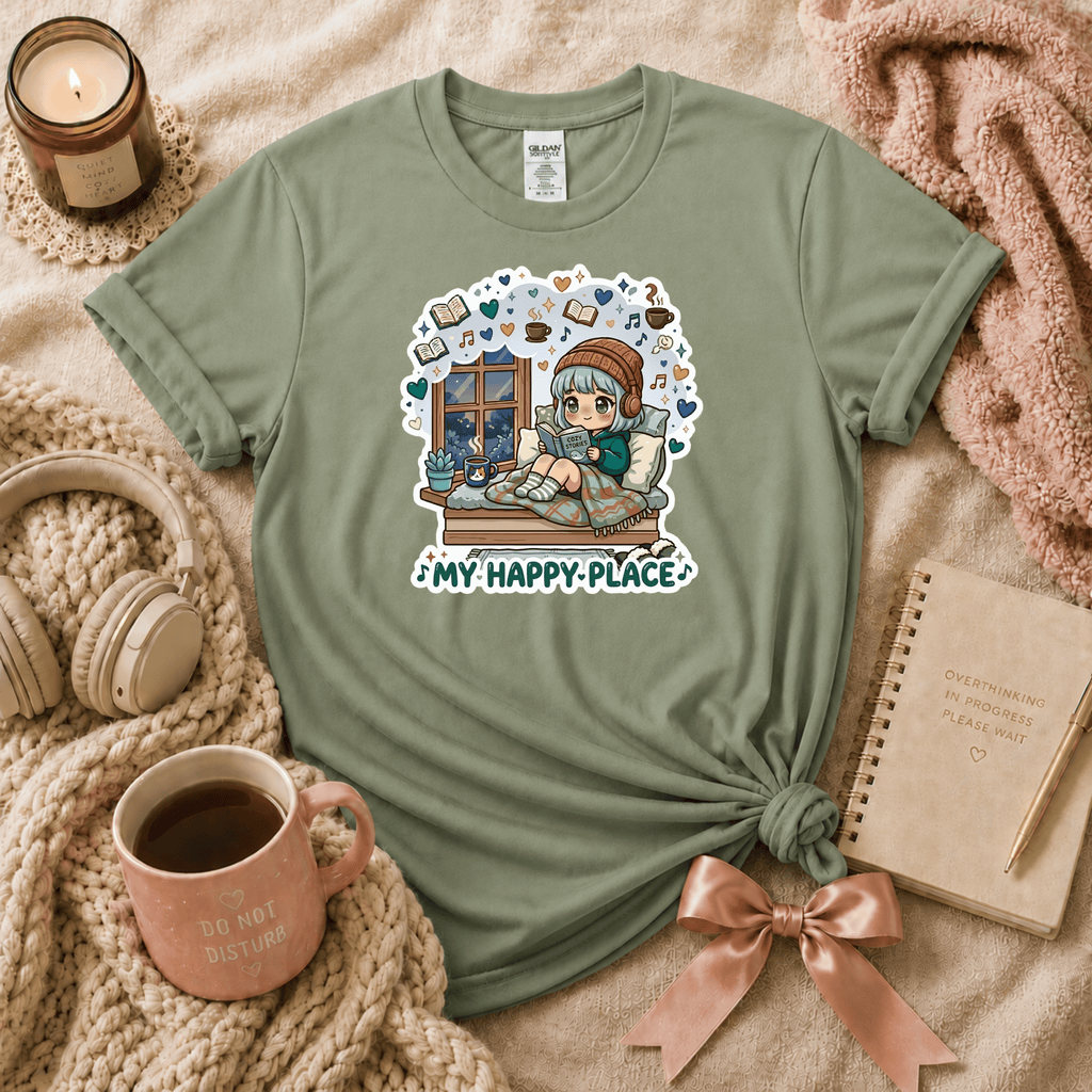 My Happy Place introvert graphic t-shirt cozy flat lay in sage green.