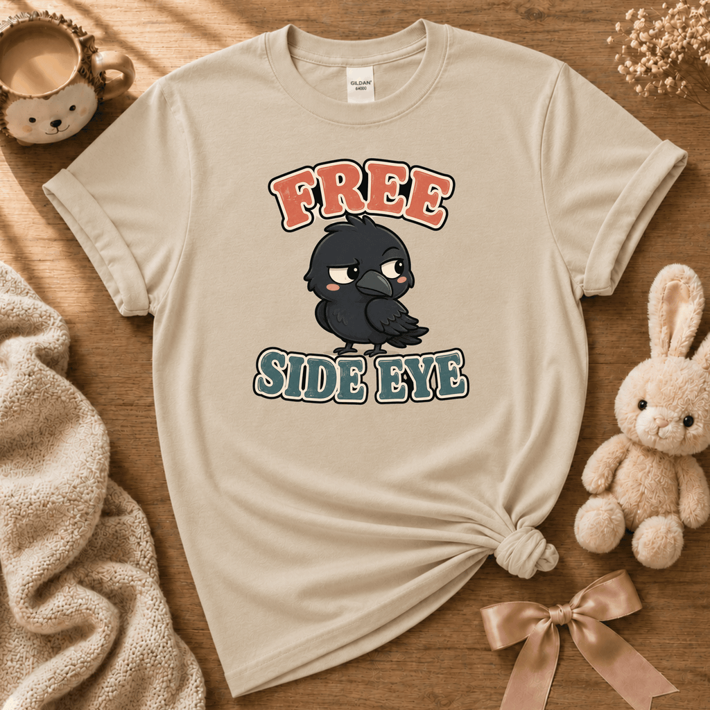 Free Side Eye cute animal graphic t-shirt displayed in a cozy flat lay in sand.
