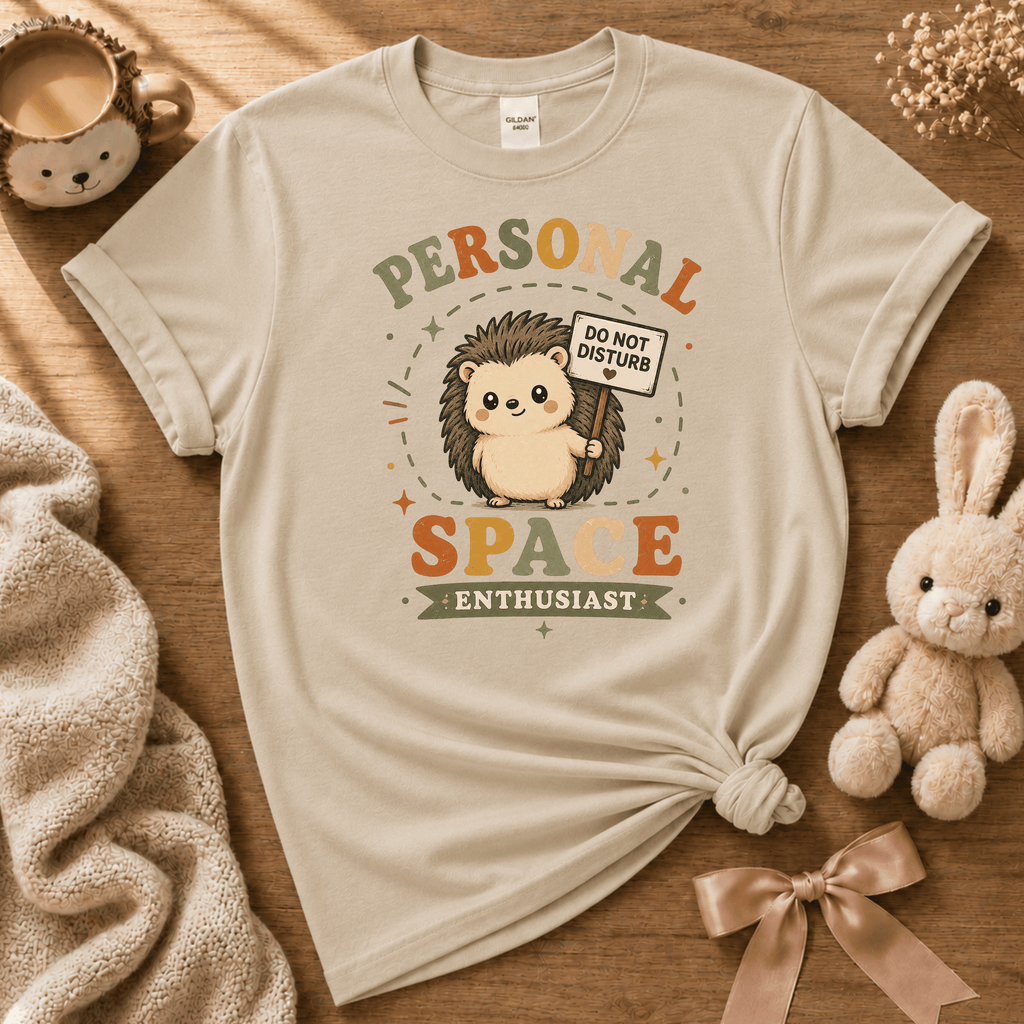 Personal Space Enthusiast cute animal graphic t-shirt displayed in a cozy flat lay in sand.