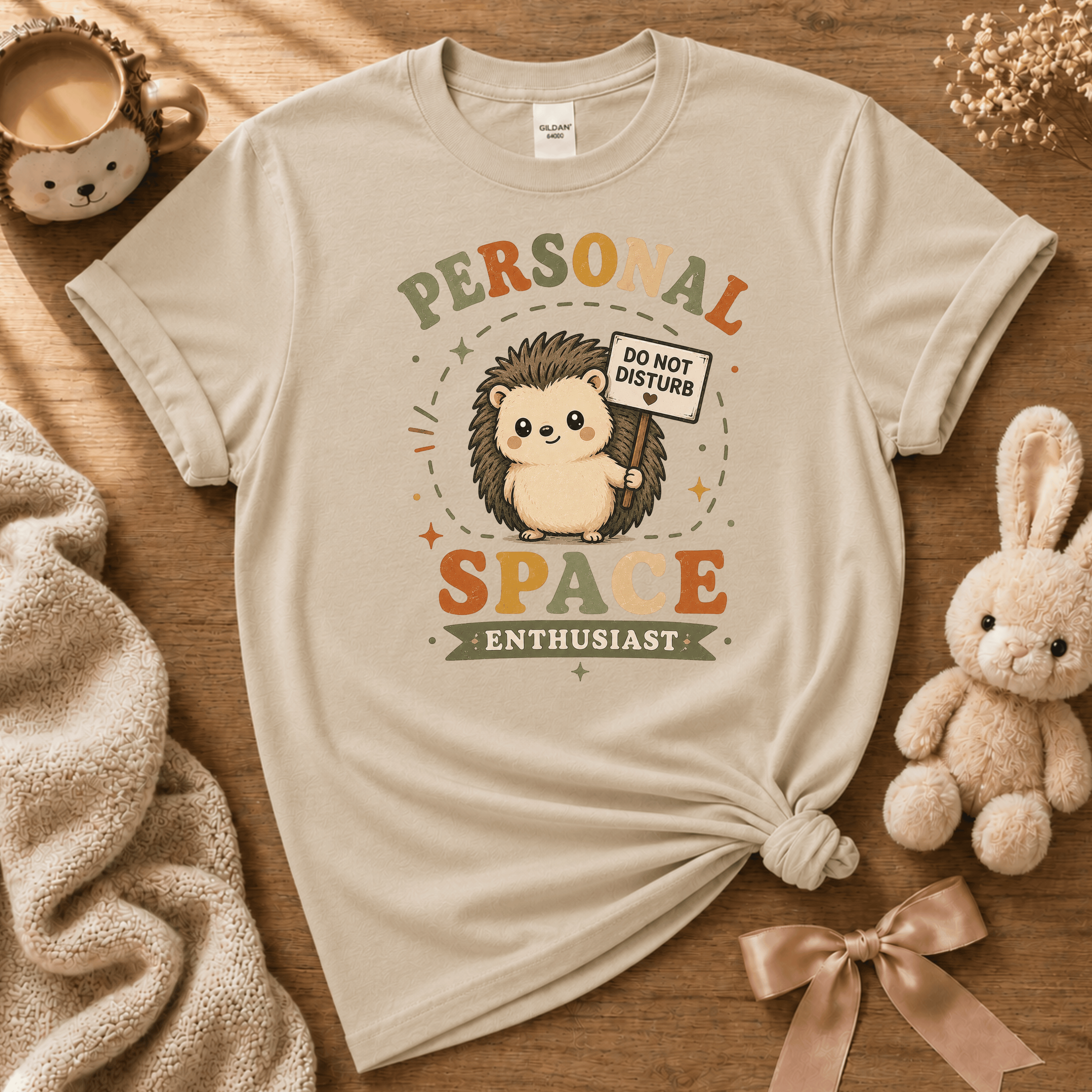 Personal Space Enthusiast cute animal graphic t-shirt displayed in a cozy flat lay in sand.