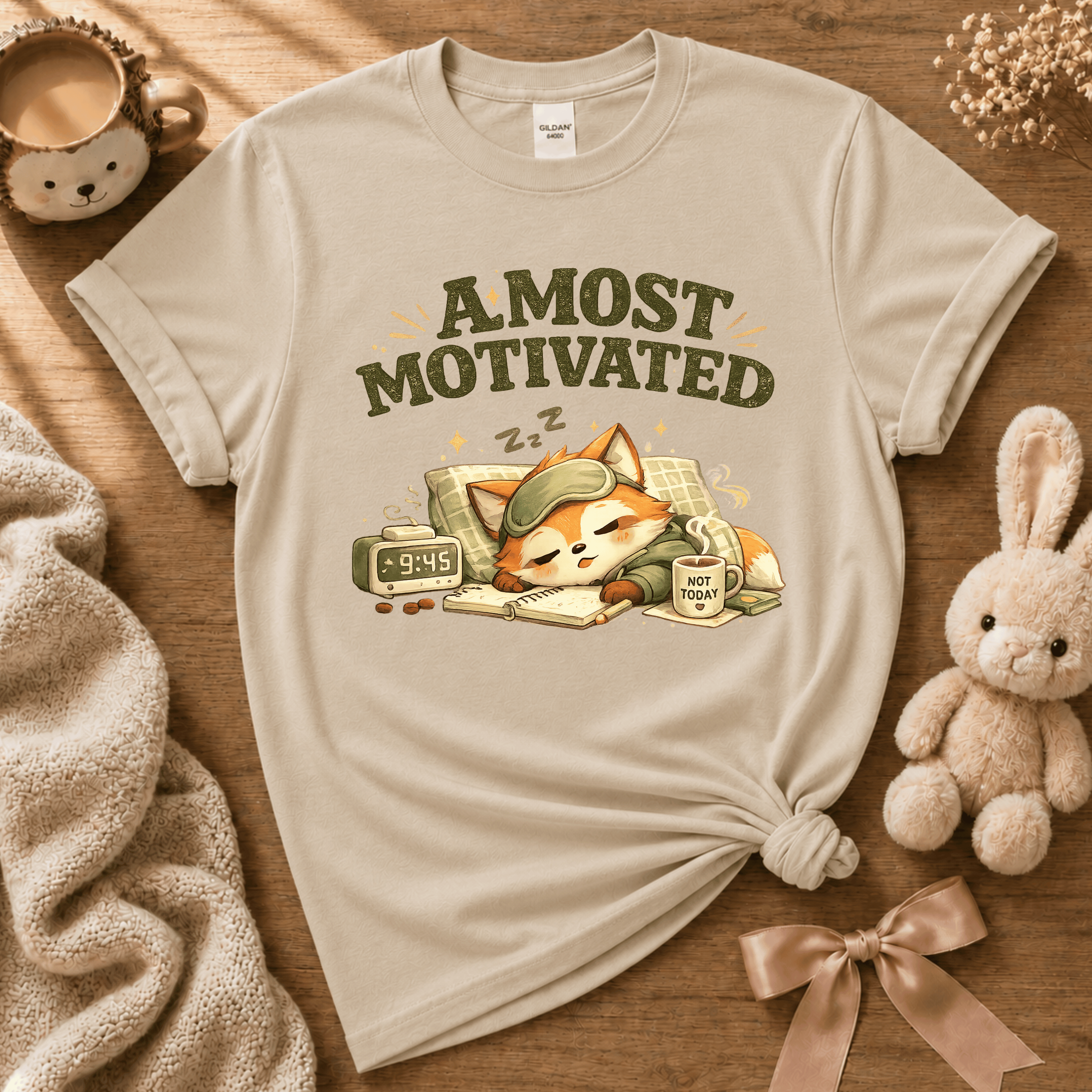 Almost Motivated cute animal graphic t-shirt displayed in a cozy flat lay in ice grey.
