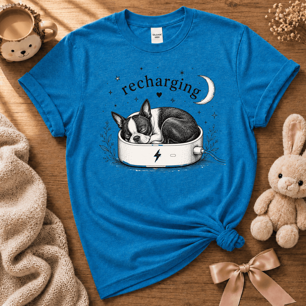 Recharging Boston cute animal graphic t-shirt displayed in a cozy flat lay in sapphire.