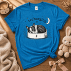 Recharging Boston cute animal graphic t-shirt displayed in a cozy flat lay in sapphire.