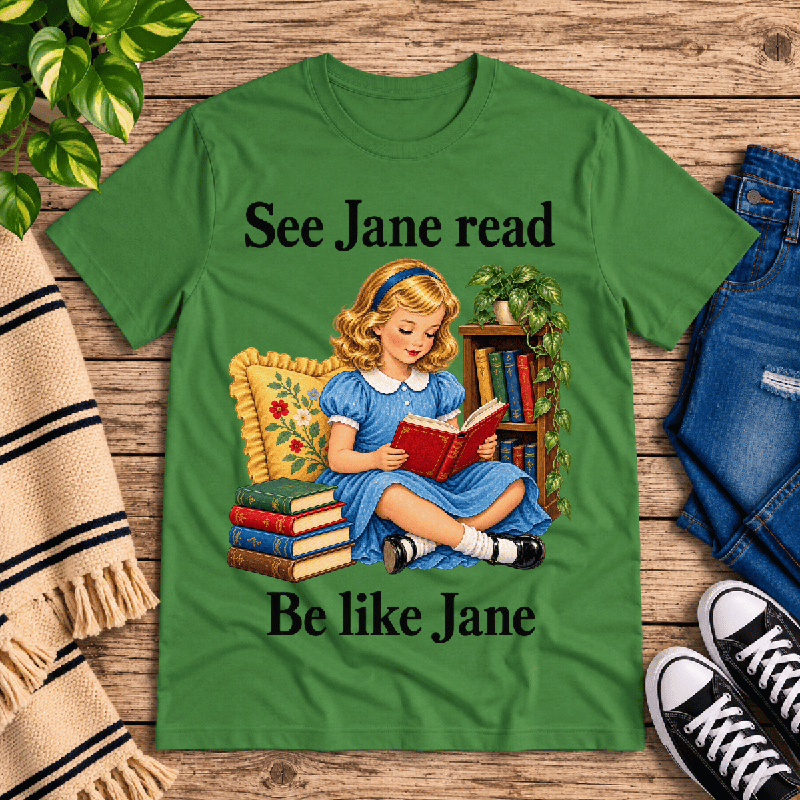 See Jane Read Premium T-Shirt in leaf green, flat lay