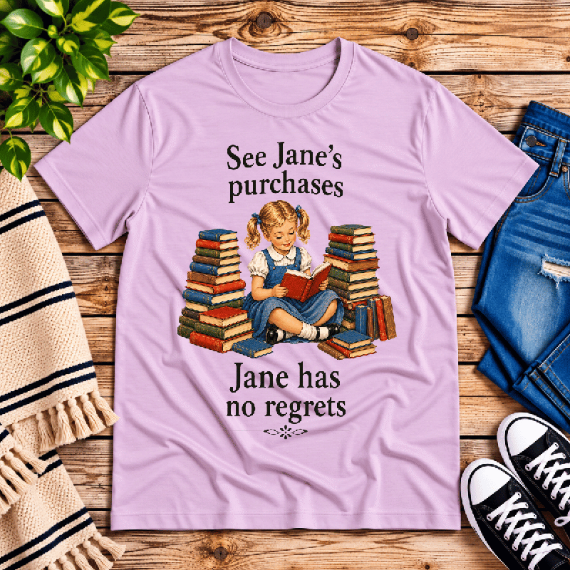 See Jane's Purchases Premium T-Shirt in lilac, flat lay