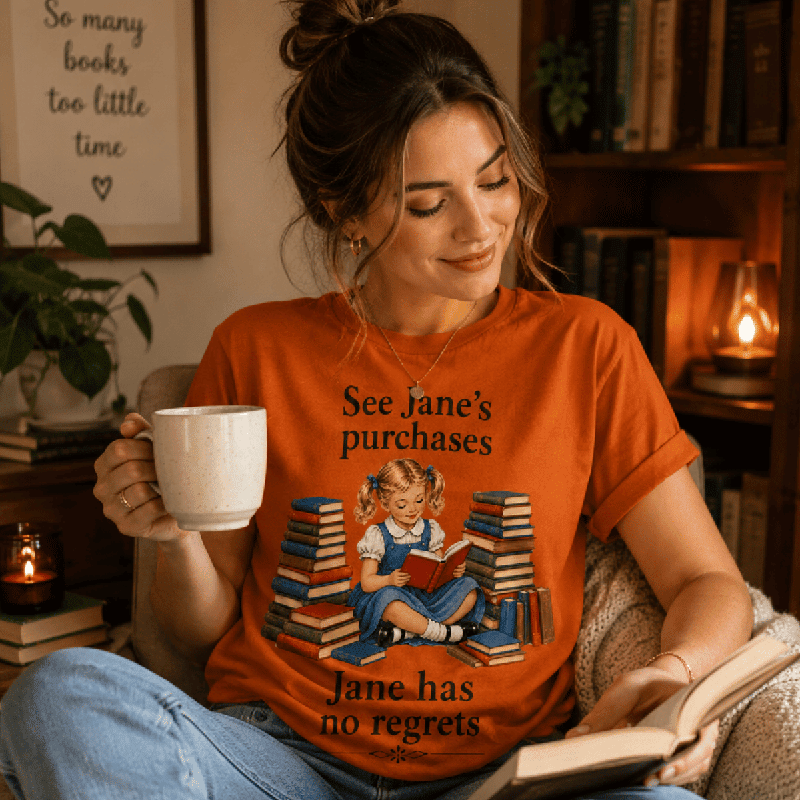 Woman holding a mug and book, wearing the See Jane's Purchases Premium T-Shirt in burnt orange