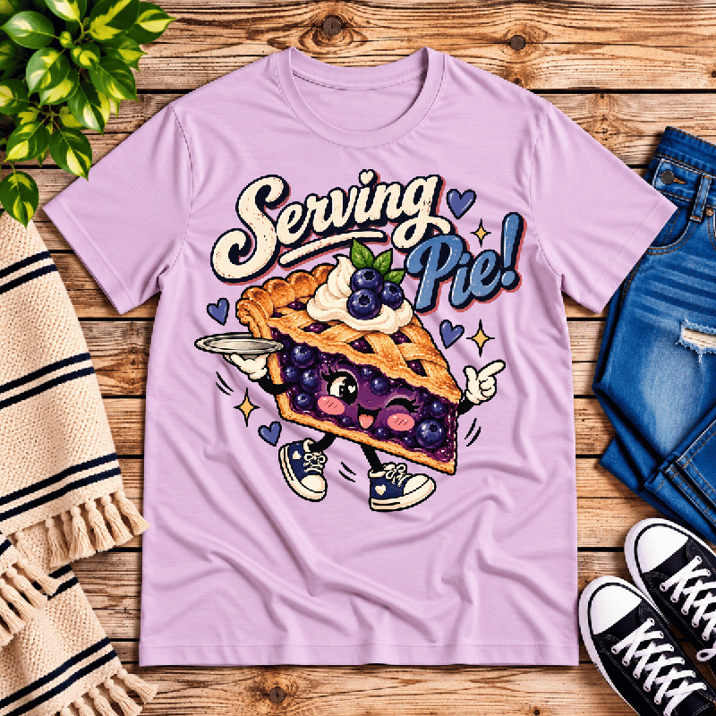 Serving Pie Premium T-Shirt in lilac, flat lay with winking cartoon pie slice graphic