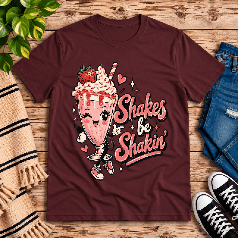 Shakes Be Shakin' Premium T-Shirt in maroon, flat lay with kawaii milkshake character graphic