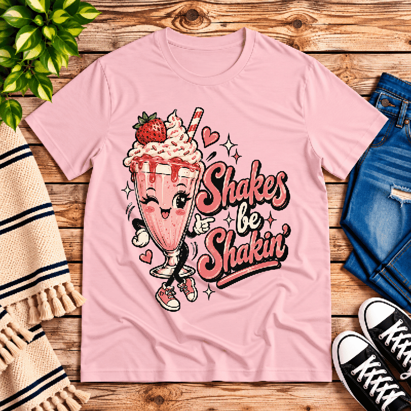 Shakes Be Shakin' Premium T-Shirt in pink, flat lay