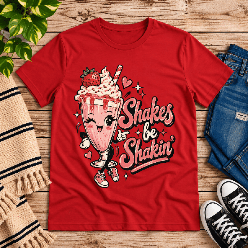 Shakes Be Shakin' Premium T-Shirt in red, flat lay