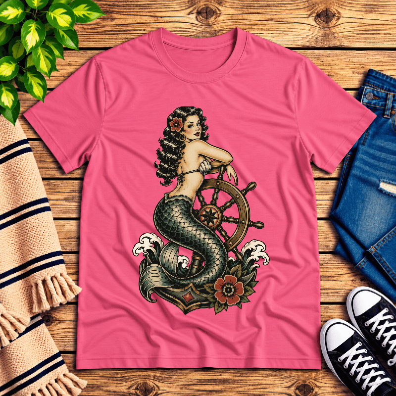 Ship Wheel Mermaid Premium T-Shirt in charity pink, flat lay