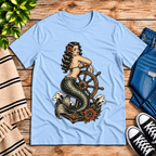 Ship Wheel Mermaid Premium T-Shirt in baby blue, flat lay with tattoo-style mermaid and ship's wheel graphic