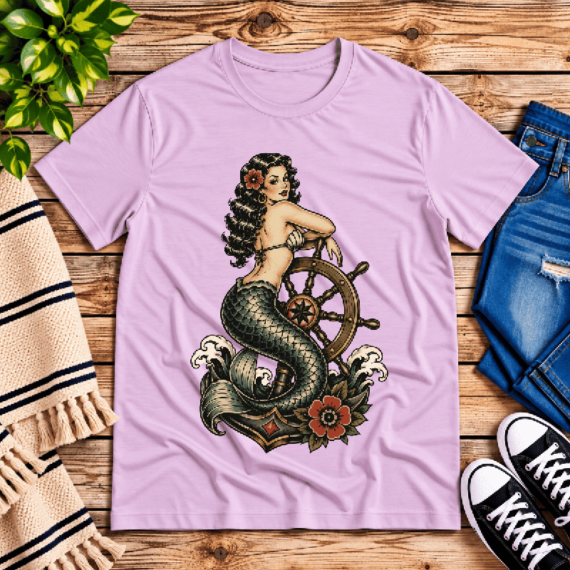 Ship Wheel Mermaid Premium T-Shirt in lilac, flat lay