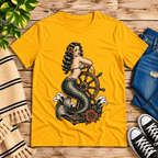 Ship Wheel Mermaid Premium T-Shirt in gold, flat lay