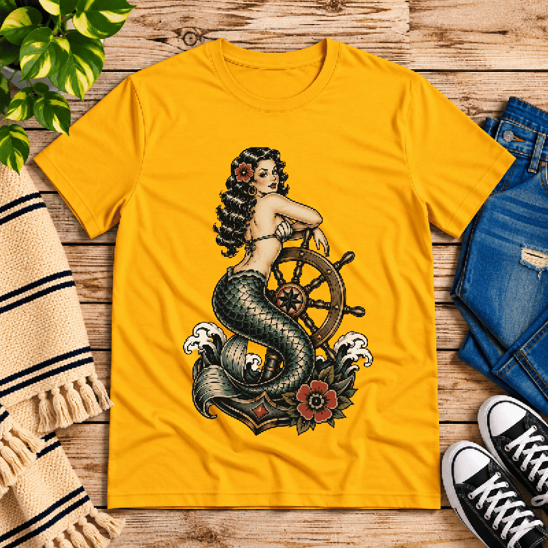 Ship Wheel Mermaid Premium T-Shirt in gold, flat lay