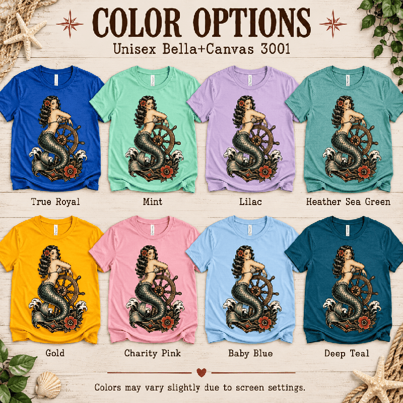 Ship Wheel Mermaid Premium T-Shirt color chart: True Royal, Mint, Lilac, Heather Sea Green, Gold, Charity Pink, Baby Blue, Deep Teal