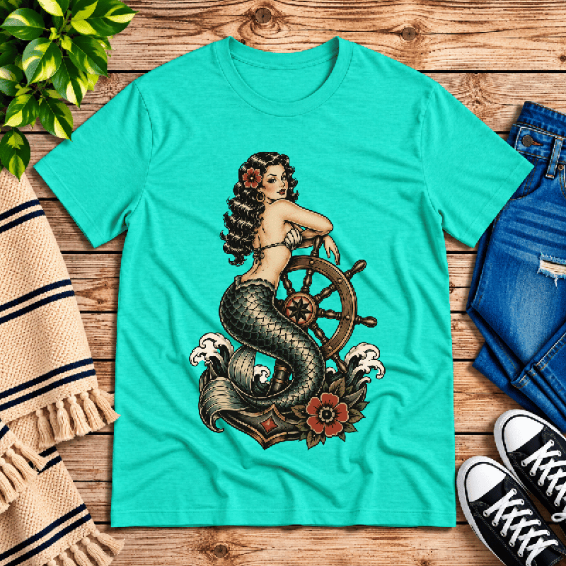 Ship Wheel Mermaid Premium T-Shirt in heather sea green, flat lay