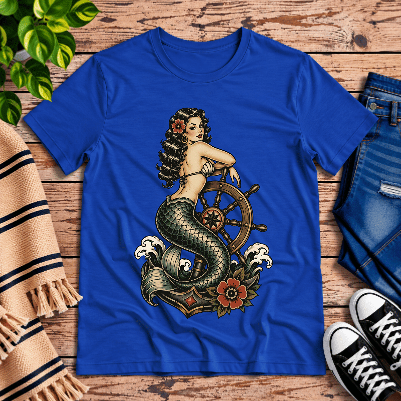 Ship Wheel Mermaid Premium T-Shirt in true royal blue, flat lay