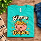 Silence Is Golden Premium T-Shirt in heather sea green, folded close-up with neck tag showing
