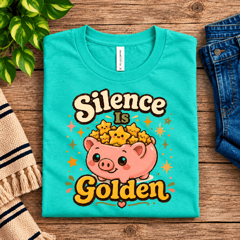Silence Is Golden Premium T-Shirt in heather sea green, folded close-up with neck tag showing