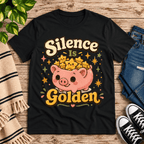 Silence Is Golden Premium T-Shirt in vintage black, flat lay with pig and golden stars graphic