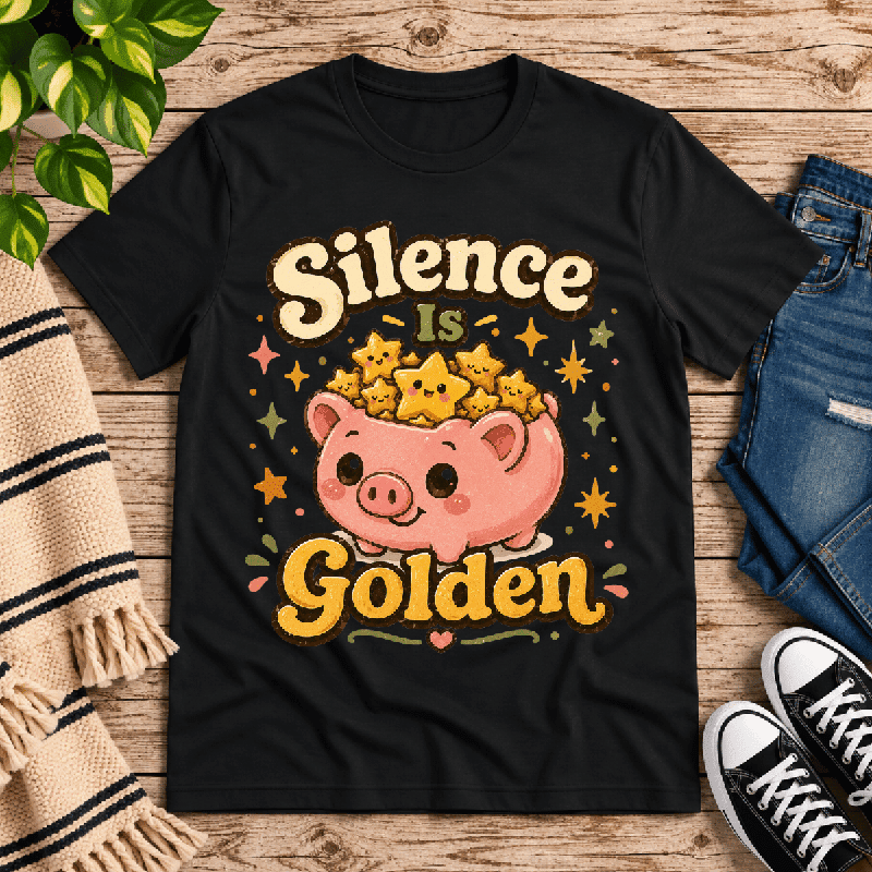 Silence Is Golden Premium T-Shirt in vintage black, flat lay with pig and golden stars graphic