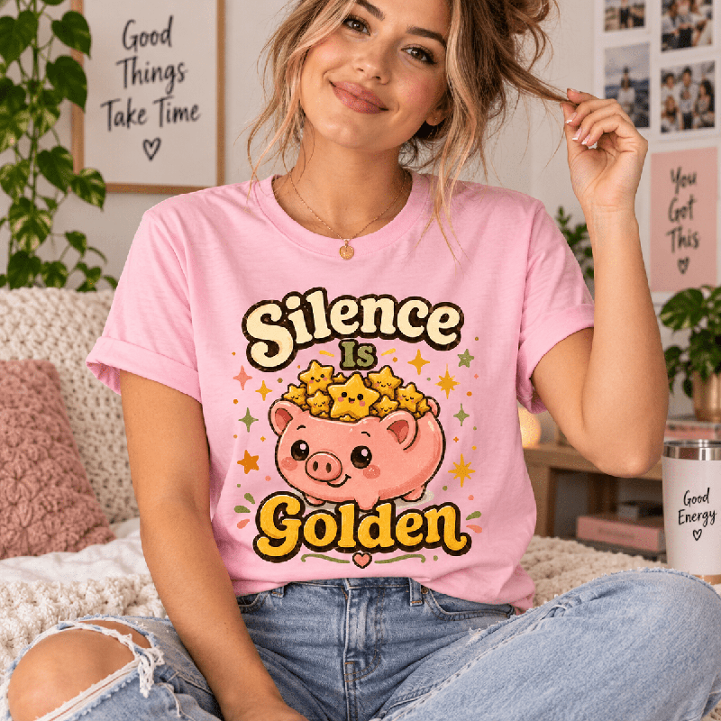 Woman wearing the Silence Is Golden Premium T-Shirt in pink