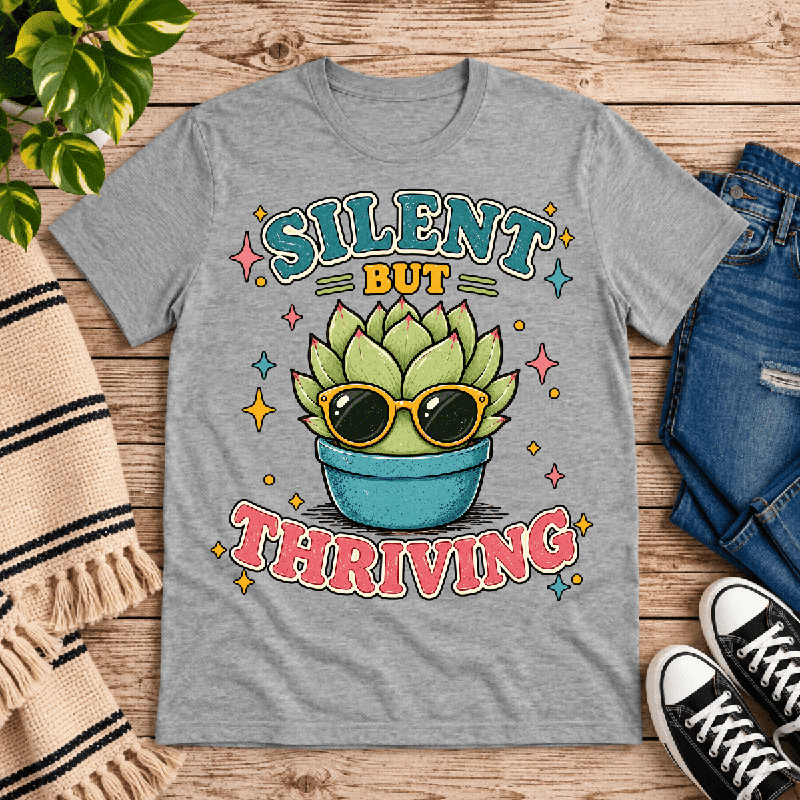 Silent But Thriving Premium T-Shirt in athletic heather gray, flat lay